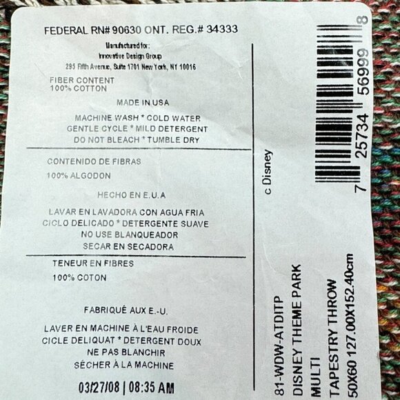 Disney Walt Disney World "Mickey" Multi Color 100% Cotton Tapestry Throw - Picture 8 of 9